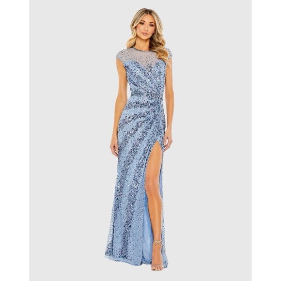 Mac Duggal Size 14 Blue 5619 Sequins  Beaded Illusion Neck Formal Gown 5619 Prom - Picture 2 of 16